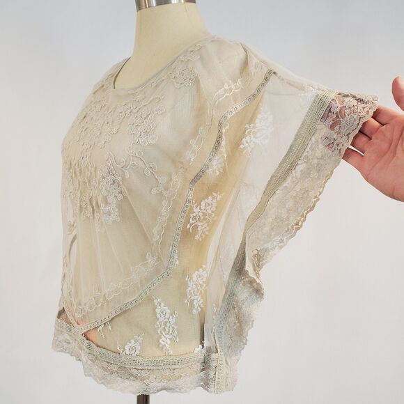 Sheer Mesh Lace Trim Flutter Sleeve Top M Coquette Fairy Whimsical Boho Feminine - Picture 3 of 13